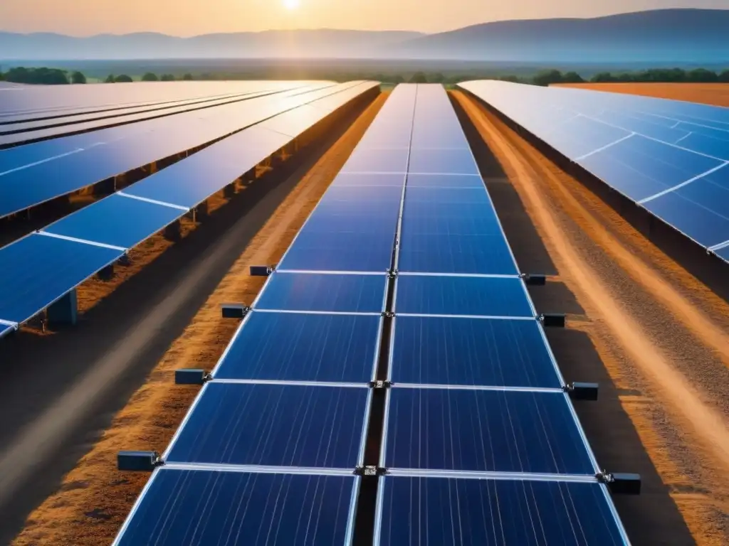 Campo solar inmenso bajo cielo azul brillante, reflejando eficiencia y poder de la inversión responsable en energías renovables