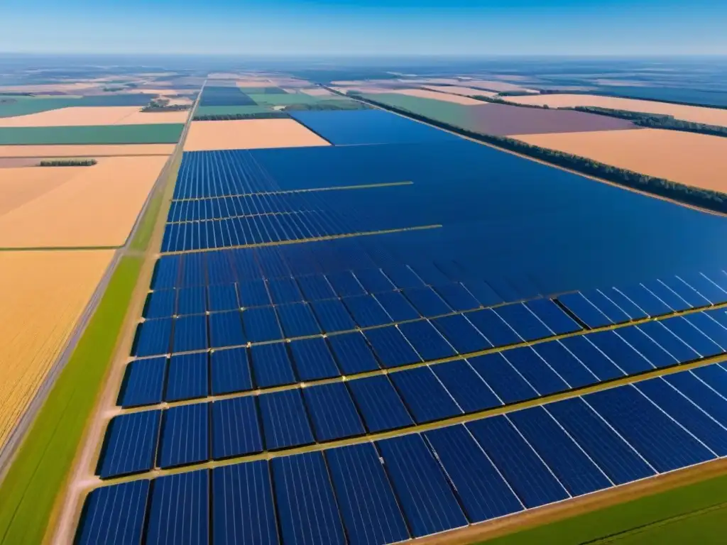 Un campo solar vasto y detallado en 8k bajo un cielo azul