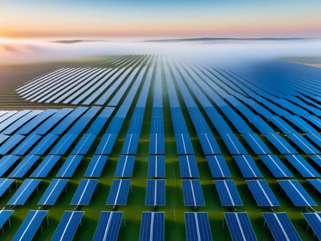 Un campo vasto cubierto de paneles solares bajo un cielo azul brillante, simbolizando el potencial de las energías renovables sostenibilidad panorama