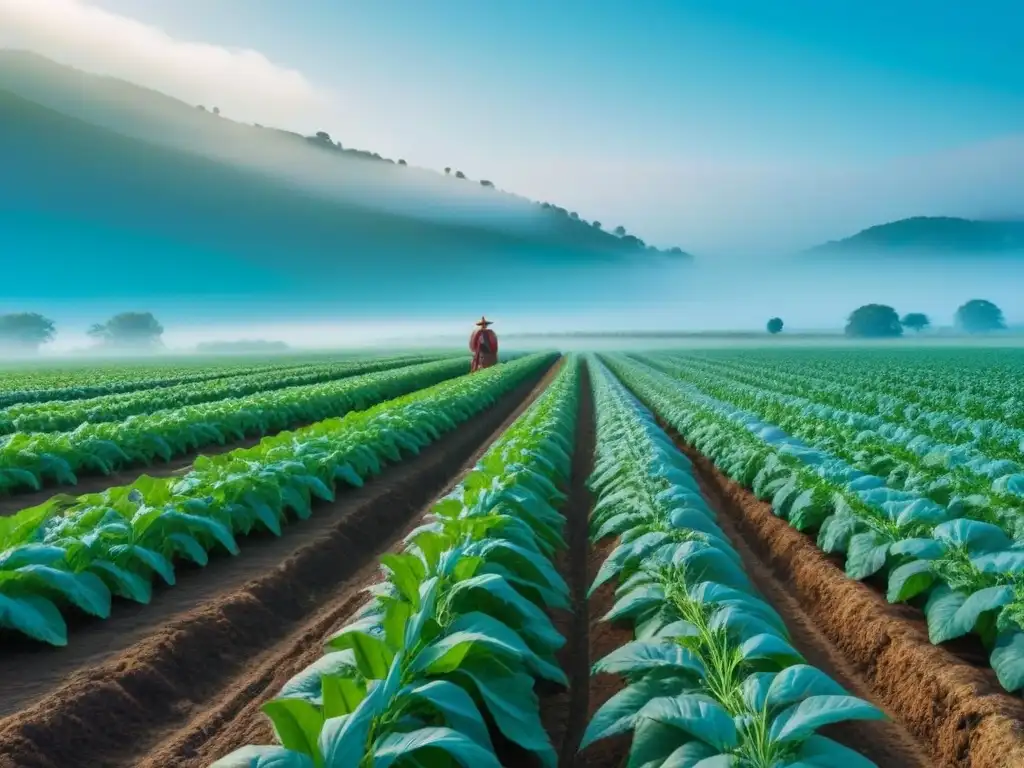 Campo agrícola verde con agricultor cuidando plantas