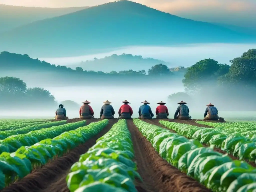 Un campo verde donde agricultores diversos trabajan juntos, simbolizando la importancia de la soberanía alimentaria para un futuro sostenible