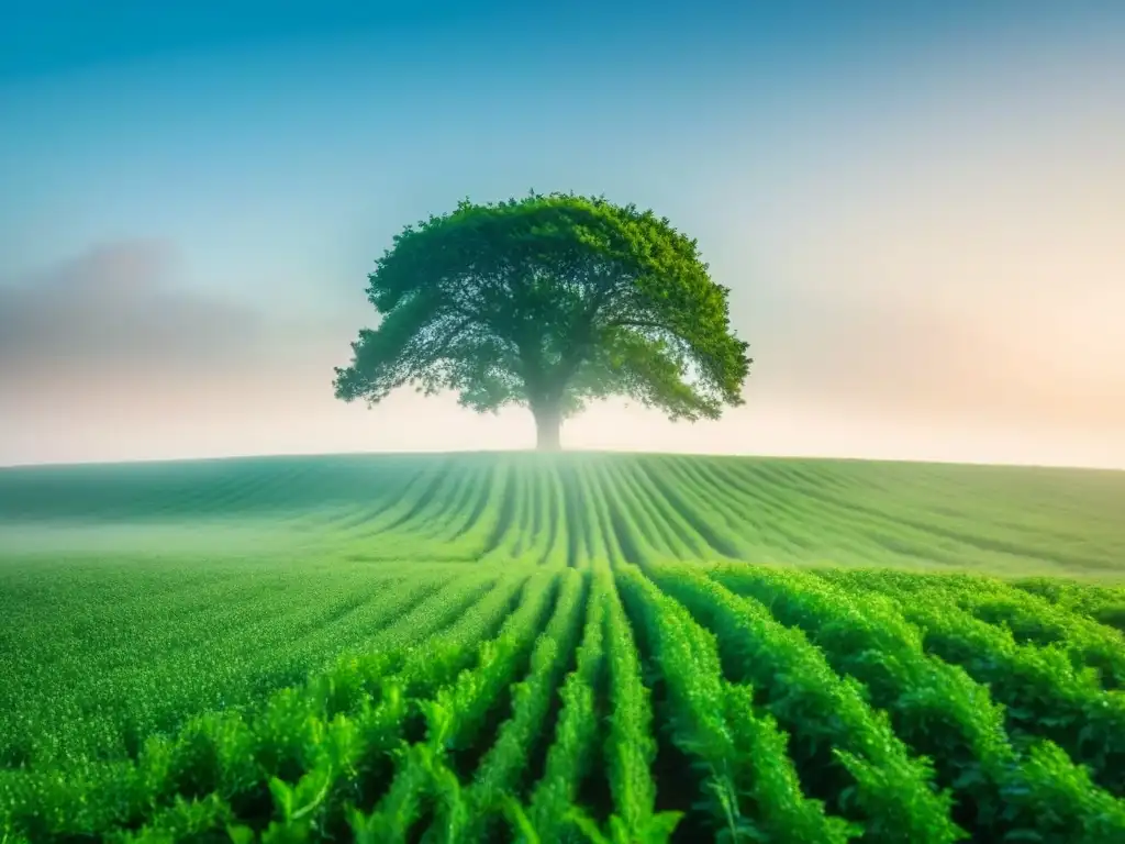 Campo verde con árbol solitario bajo cielo azul, simbolizando la importancia de la agricultura regenerativa sostenible