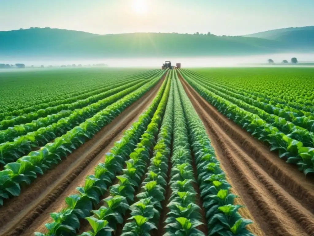 Un campo verde bañado por el sol con cultivos florecientes, resaltando la belleza natural y sostenible de la agricultura con bombas de agua solares