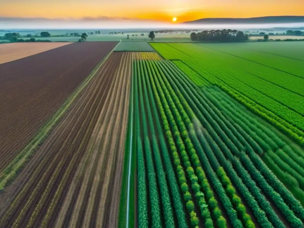 Un campo agrícola verde con bombas de agua solares y vacas pastando al atardecer