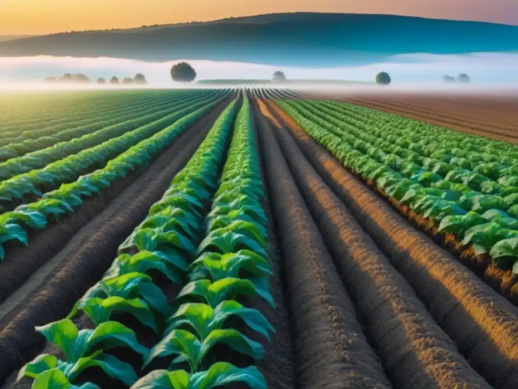 Campo verde con cultivos al atardecer, transmitiendo tranquilidad y concienciación en agricultura sostenible