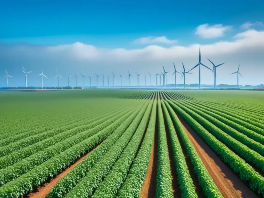 Campo verde con cultivos bajo cielo azul, molinos de viento girando