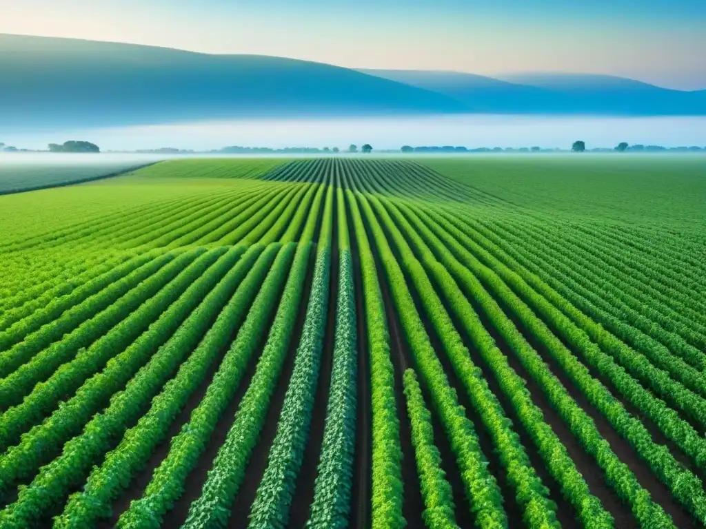 Un campo agrícola verde con cultivos y un dron moderno en el aire