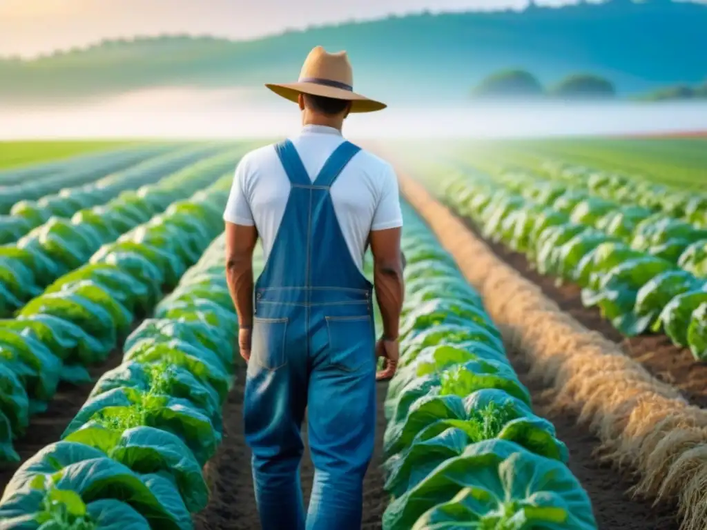 Un campo verde con cultivos vibrantes y un agricultor en armonía con la naturaleza