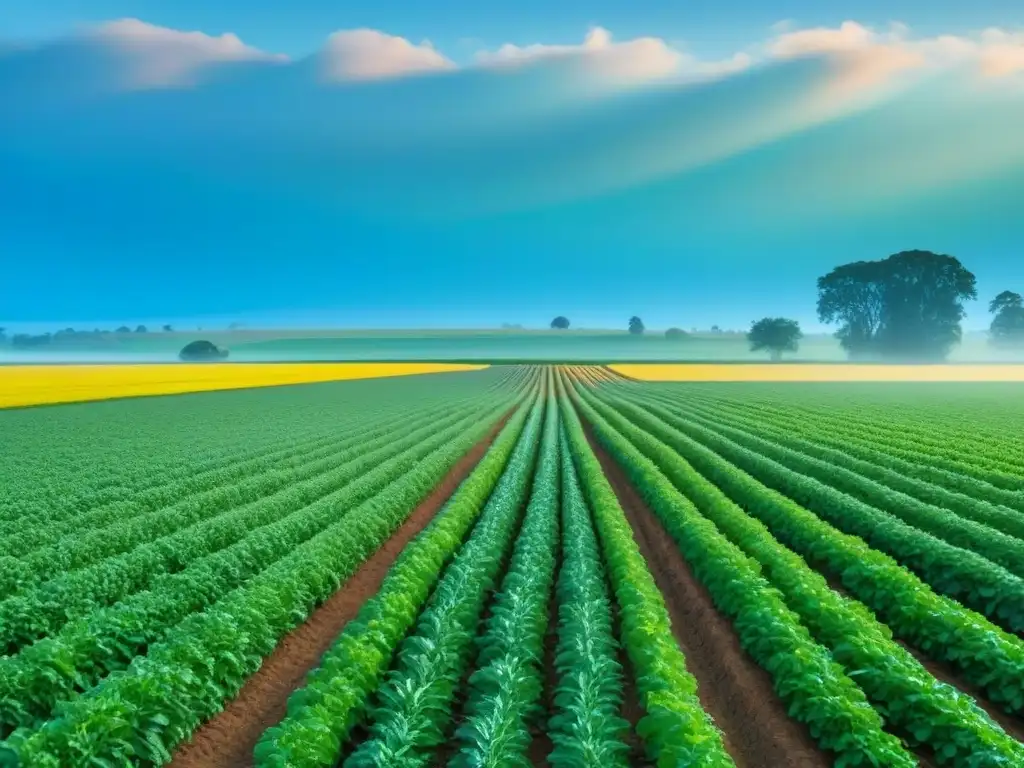 Campo verde con cultivos vibrantes bajo cielo azul, reflejando prácticas de agricultura regenerativa sostenible