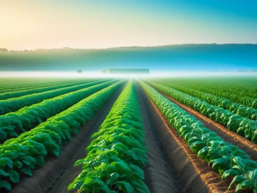 Un campo verde con cultivos vibrantes bajo un cielo azul, creando una atmósfera serena