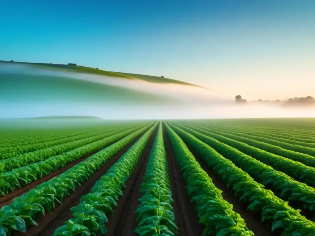 Un campo verde con cultivos vibrantes bajo un cielo azul, reflejando un sistema agrícola sostenible