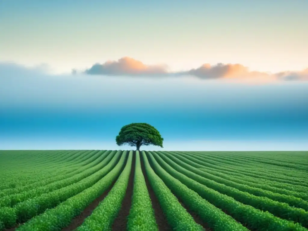 Un campo verde extenso con un árbol solitario, simbolizando la concienciación en la conservación del suelo en la agricultura sostenible