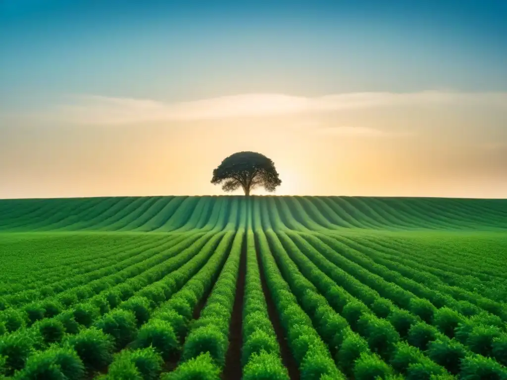 Campo verde extenso bajo cielo azul, árbol solitario en centro, simbolizando concienciación conservación suelo agricultura sostenible