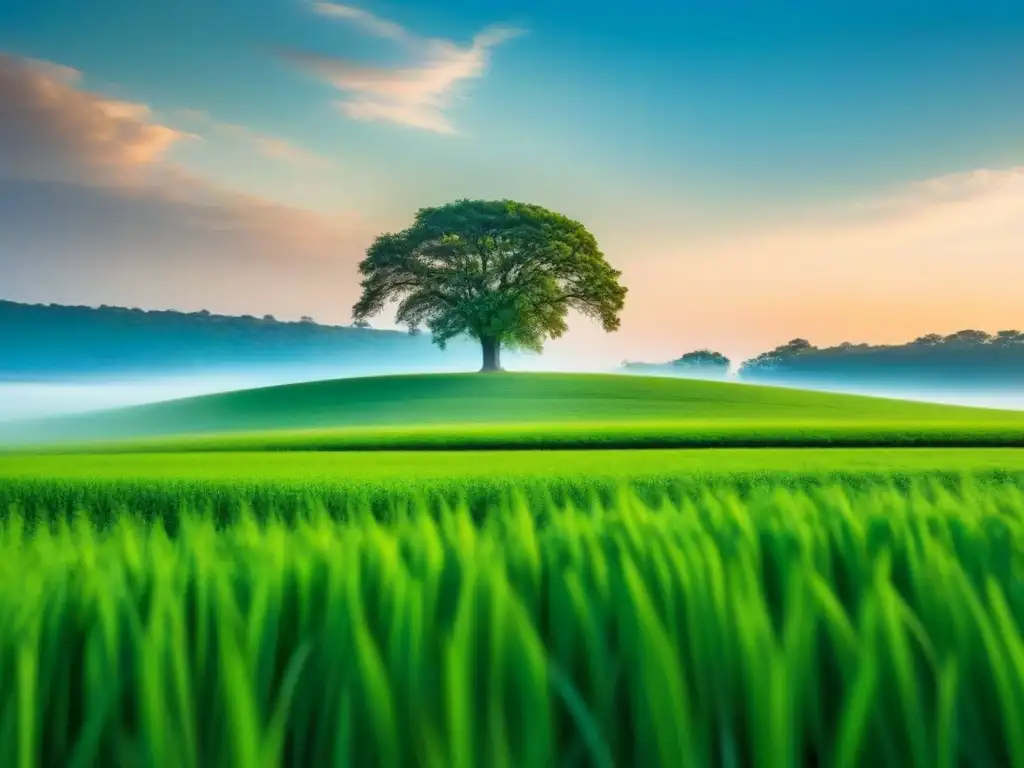 Un campo verde extenso bajo cielo azul, con un árbol solitario en el centro