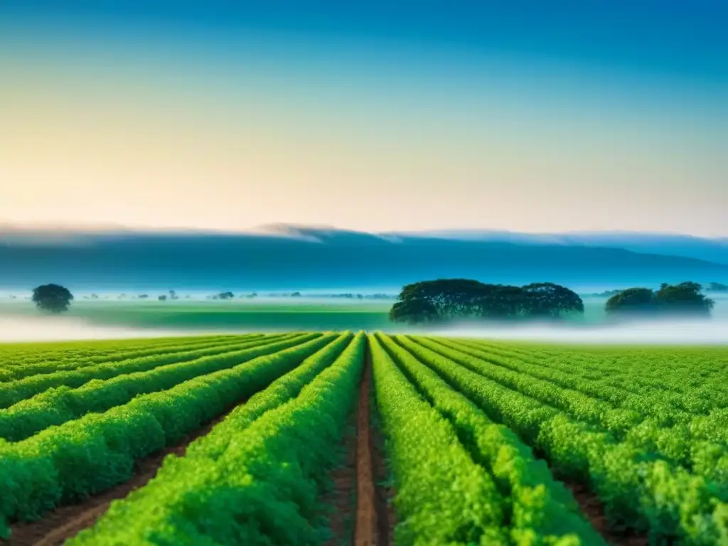 Un campo verde extenso bajo un cielo azul, con una fuente de proteínas alternativas en foco, simbolizando un estilo de vida sostenible