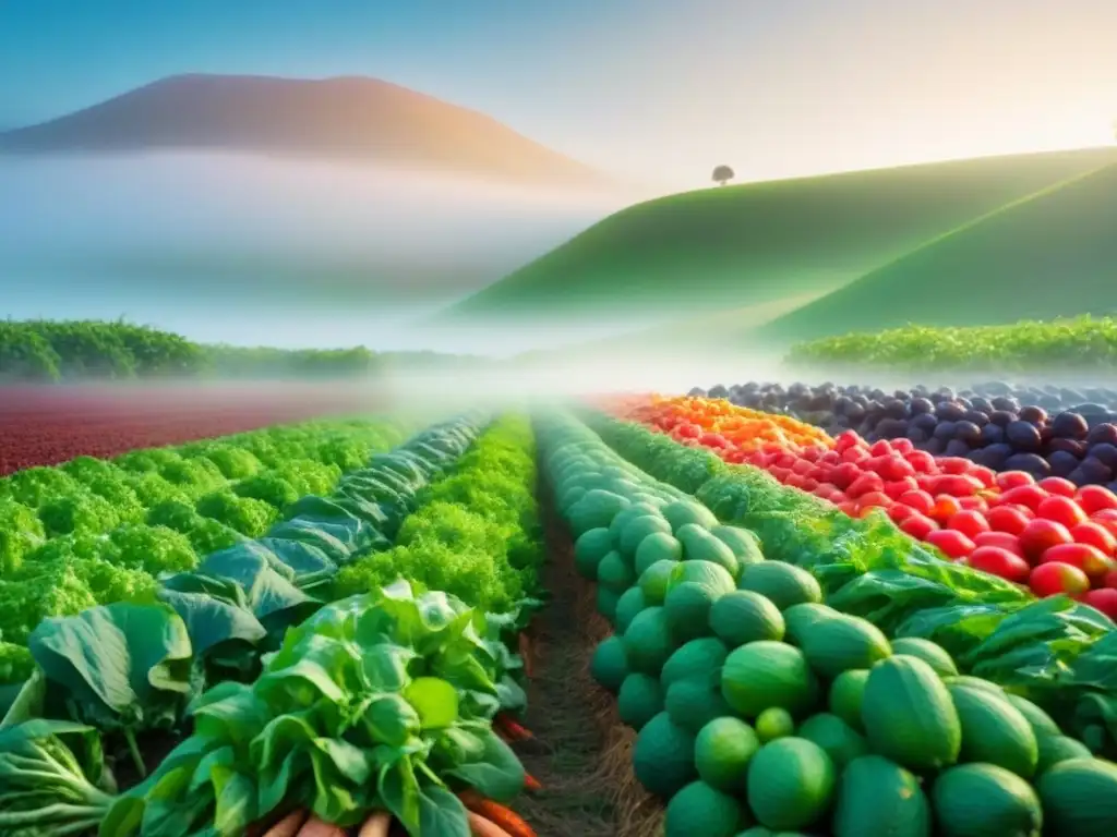 Un campo verde exuberante con alimentos vegetales variados