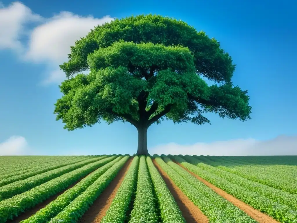 Un campo verde exuberante con un árbol frutal simboliza la alimentación sostenible y su impacto en los gases de efecto invernadero