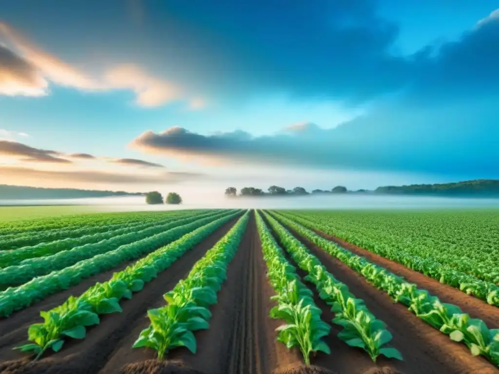 Un campo verde exuberante bajo un cielo azul claro, con cultivos variados creciendo armoniosamente