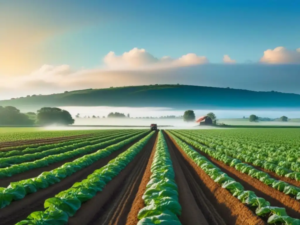 Un campo verde exuberante bajo un cielo azul, con cultivos y un agricultor al fondo