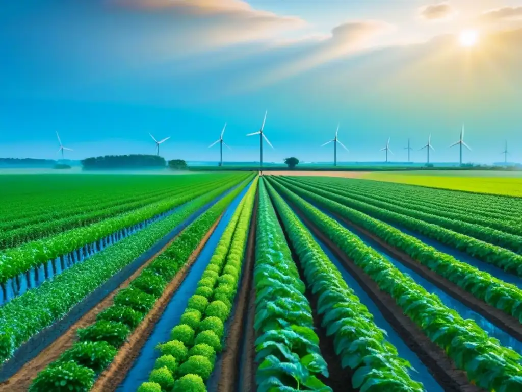 Un campo verde exuberante bajo el cielo azul, con cultivos que se extienden hacia el horizonte