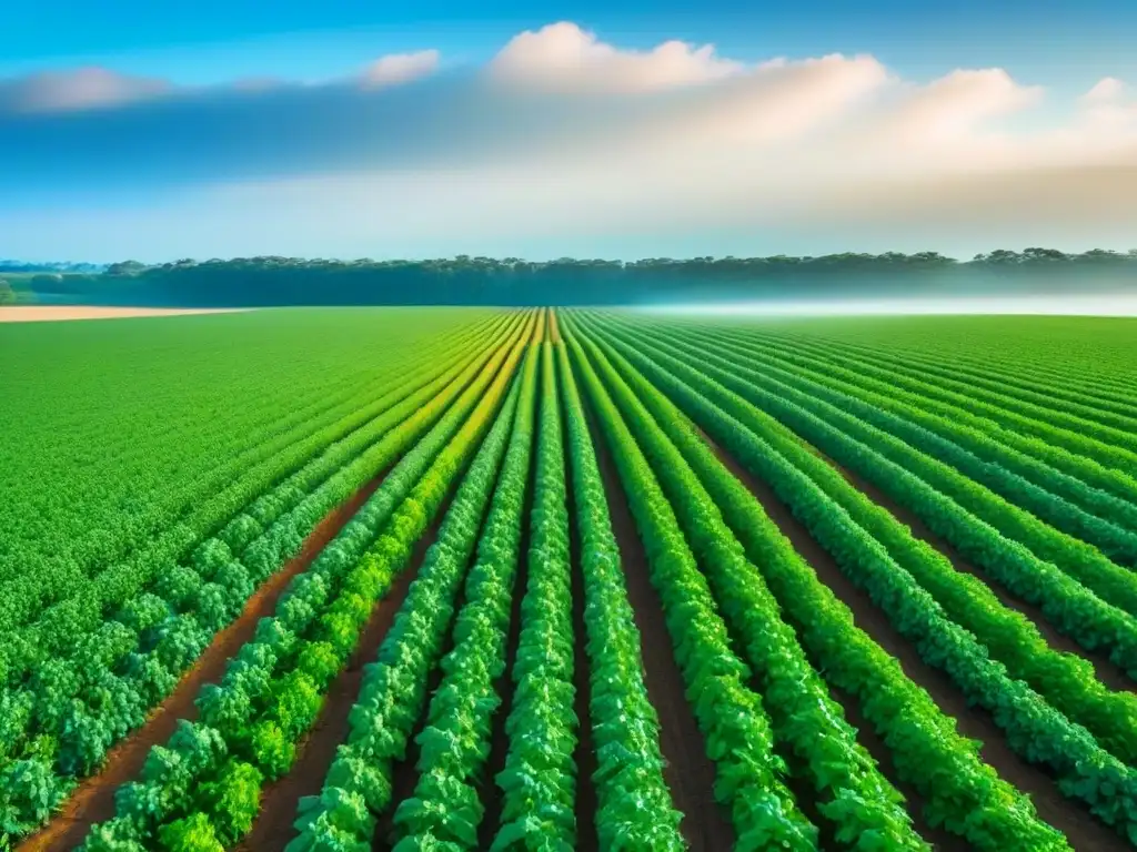 Un campo verde exuberante bajo un cielo azul claro, con cultivos orgánicos vibrantes se extienden hacia el horizonte