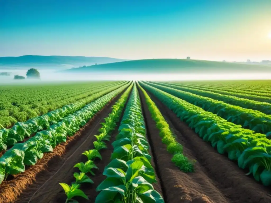 Un campo verde exuberante bajo el cielo azul, simbolizando la alimentación basada en plantas sostenible