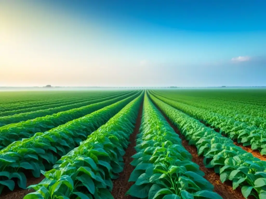 Un campo verde exuberante con cultivos transgénicos alineados bajo el cielo azul, reflejando prácticas sostenibles