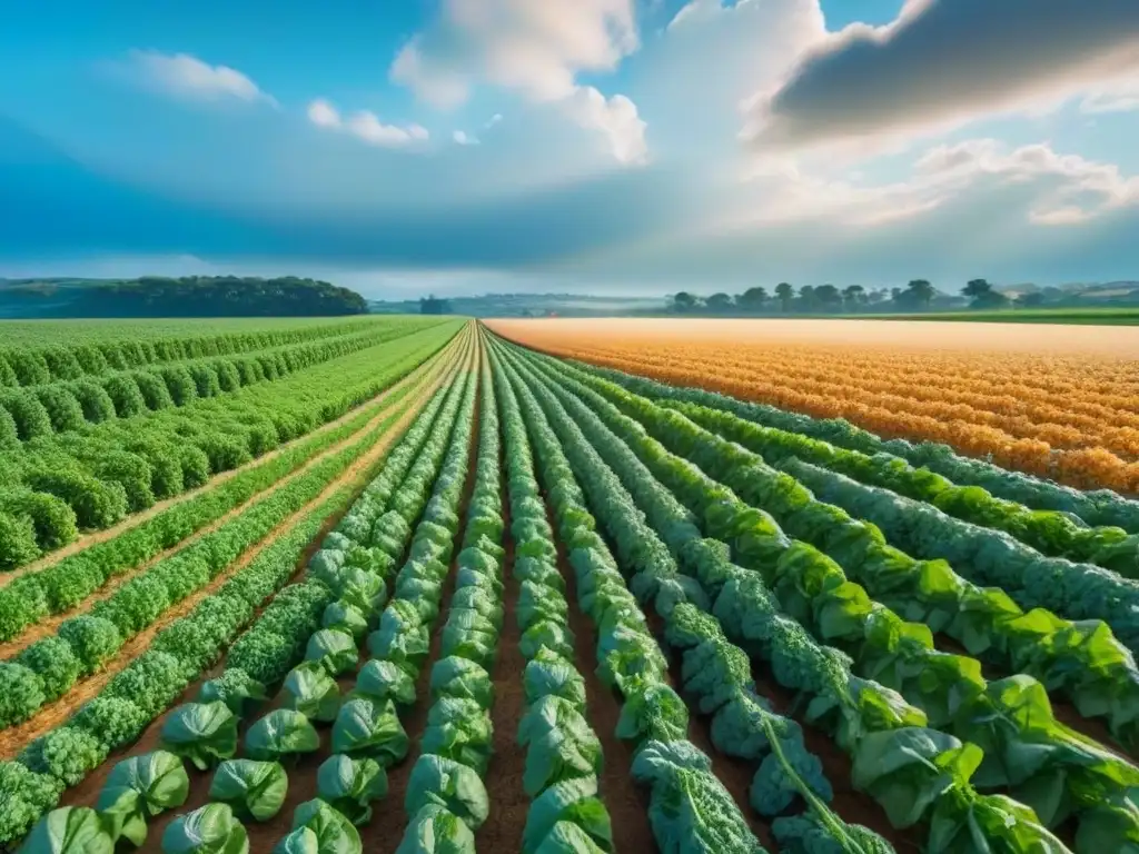 Un campo verde exuberante con cultivos variados en hileras, bajo un cielo azul y nubes blancas, iluminado por el sol