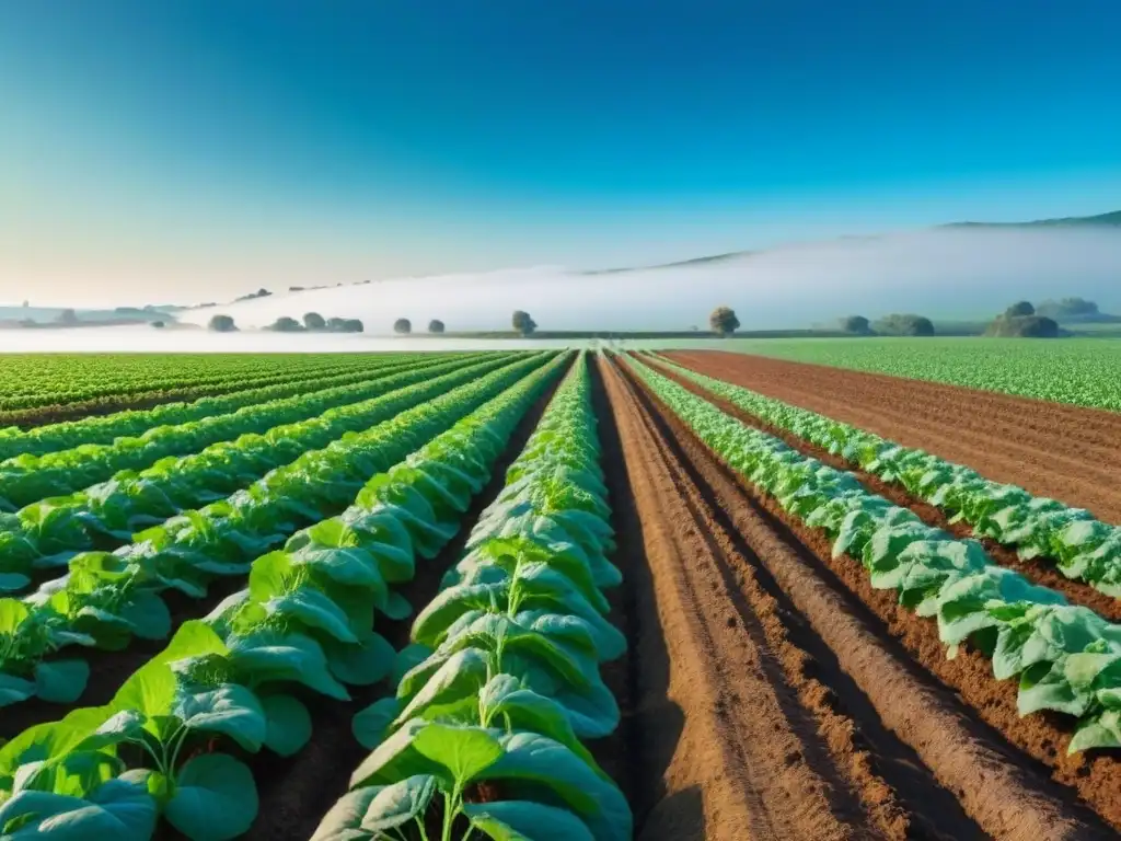 Un campo agrícola verde exuberante con cultivos vibrantes y saludables bajo un cielo azul claro