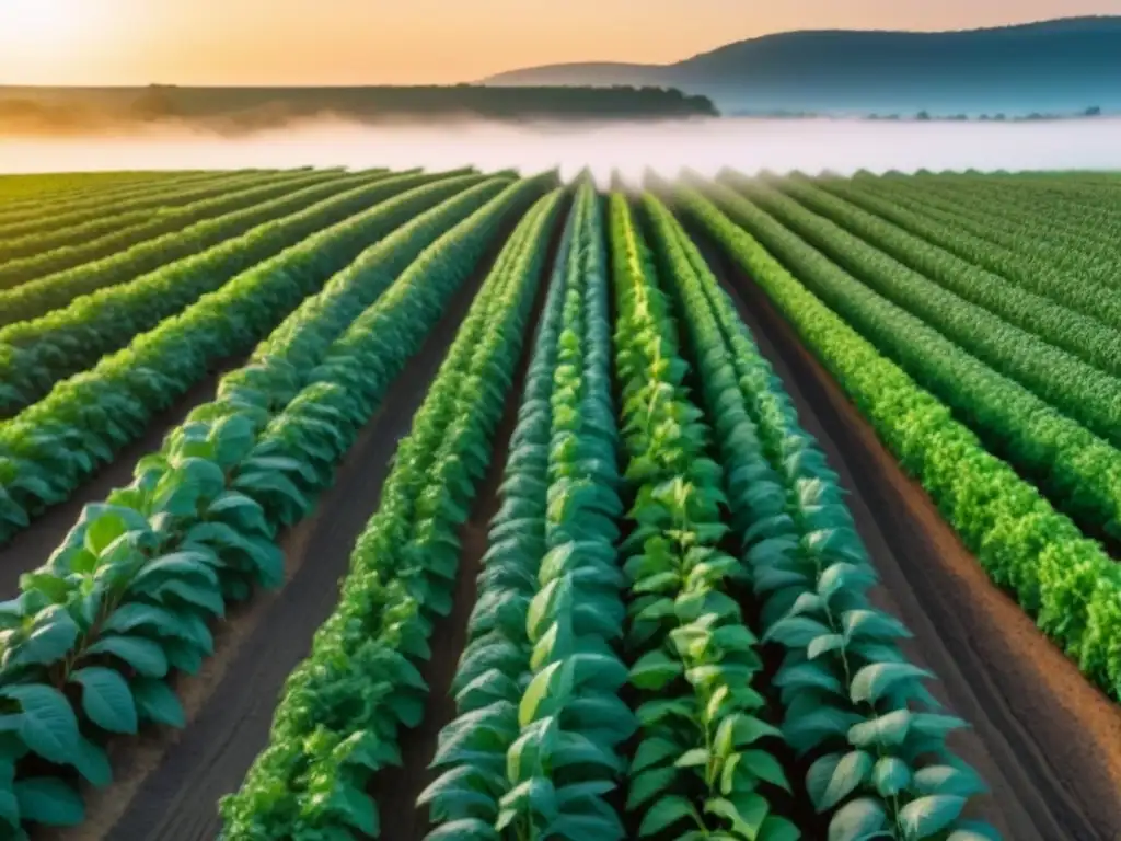 Un campo verde exuberante con cultivos ordenados al horizonte, iluminado por el cálido sol poniente