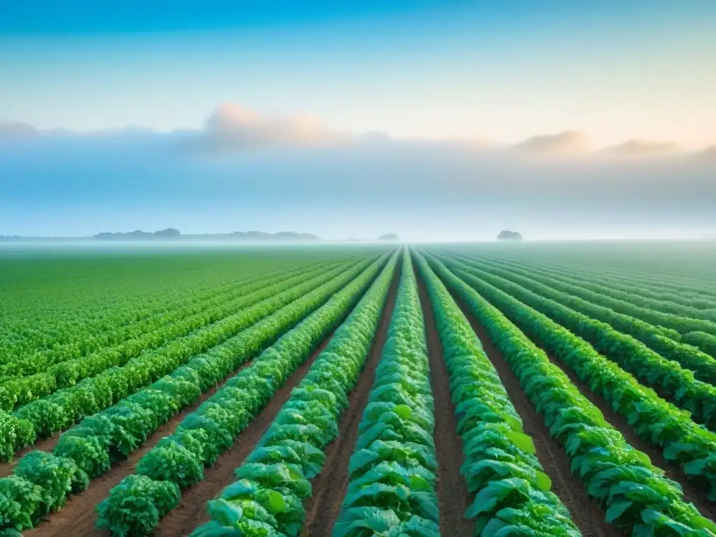 Un campo verde exuberante con cultivos vibrantes bajo un cielo azul, conectando bienestar y agricultura sostenible