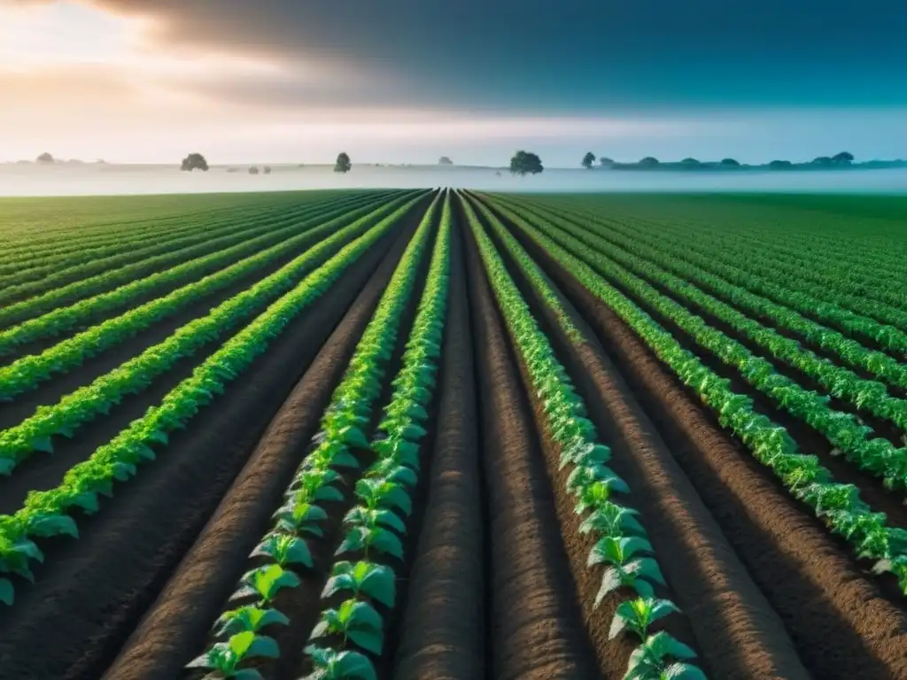 Un campo verde exuberante con cultivos y raíces entrelazadas