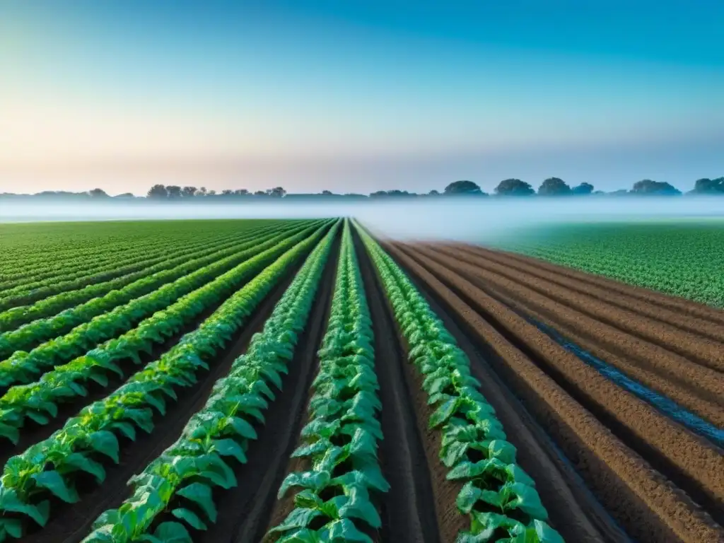 Un campo verde exuberante con cultivos vibrantes y cielo azul, resaltando la importancia de prevenir la erosión por residuos agrícolas