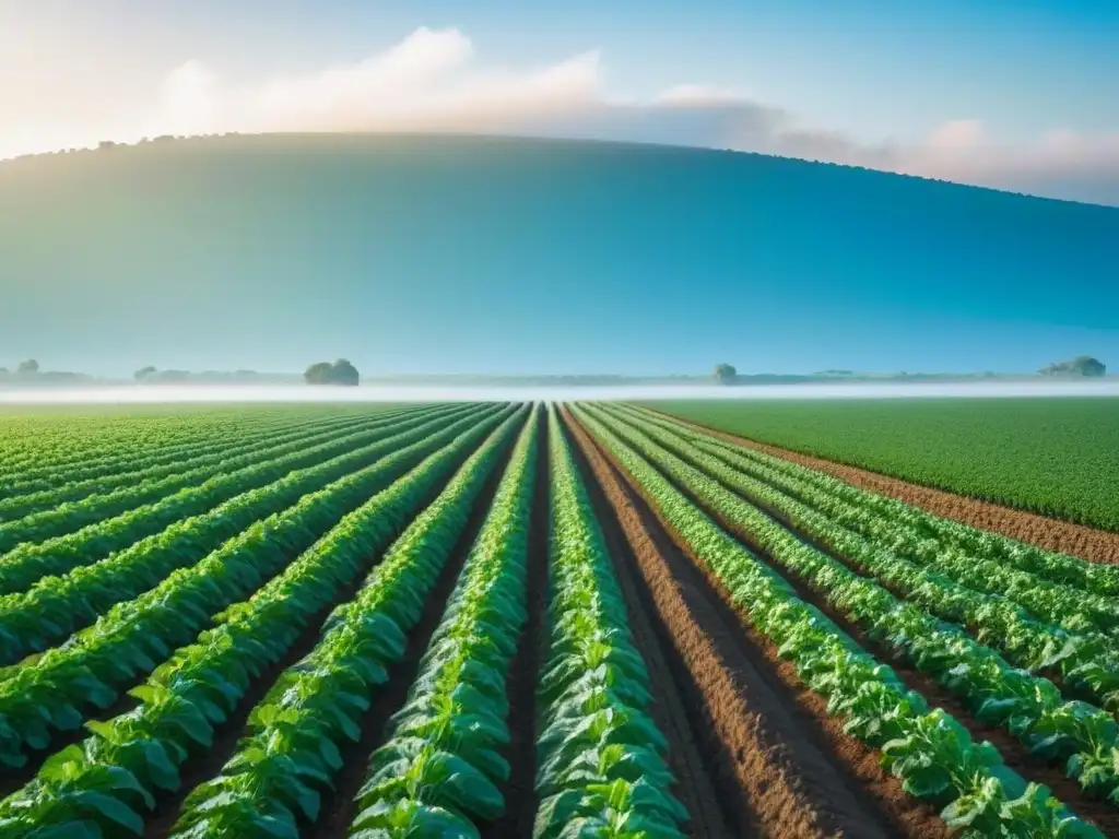 Un campo verde exuberante con cultivos en filas, bañado por el sol, bajo un cielo azul