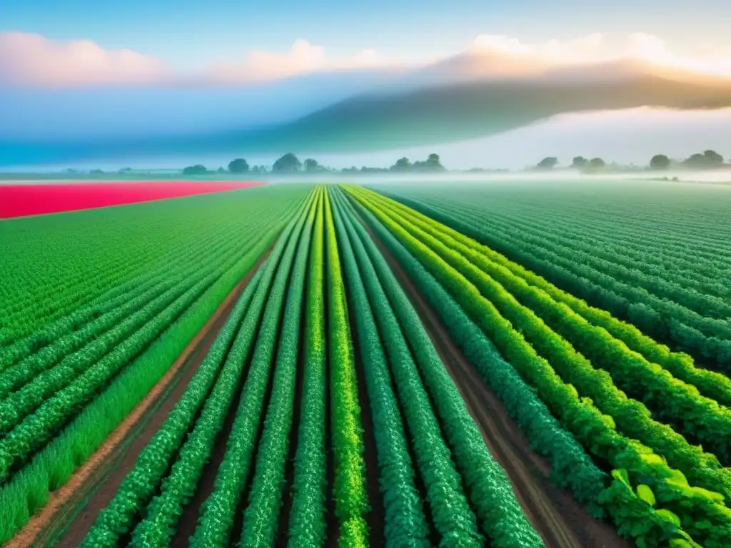 Un campo agrícola verde exuberante con cultivos vibrantes bajo un cielo azul, muestra la belleza de la agricultura circular