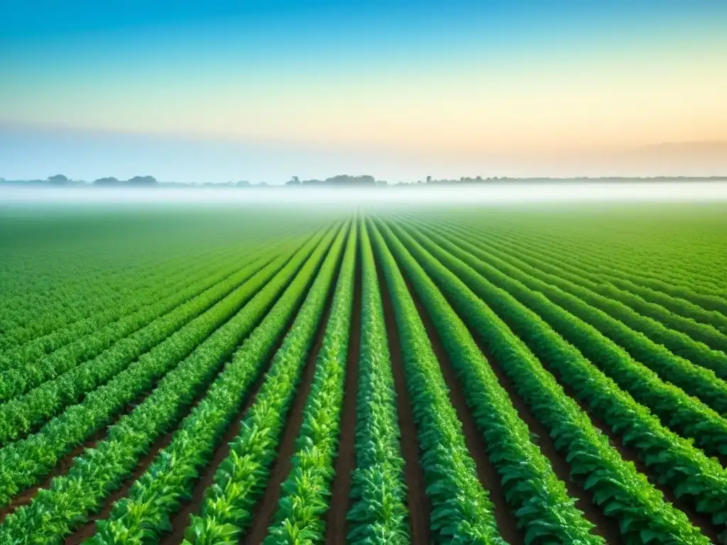 Campo verde exuberante, cultivos ordenados bajo cielo azul