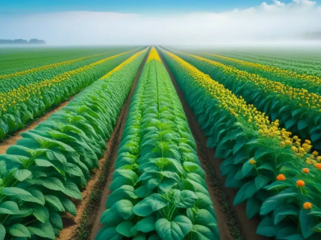 Un campo verde exuberante con cultivos transgénicos simétricos y flores coloridas, donde abejas y mariposas revolotean en armonía