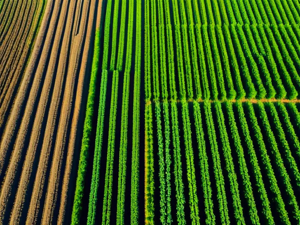 Un campo agrícola verde exuberante con filas de cultivos alineados, un dron equipado con equipo de fertilización sobrevolando