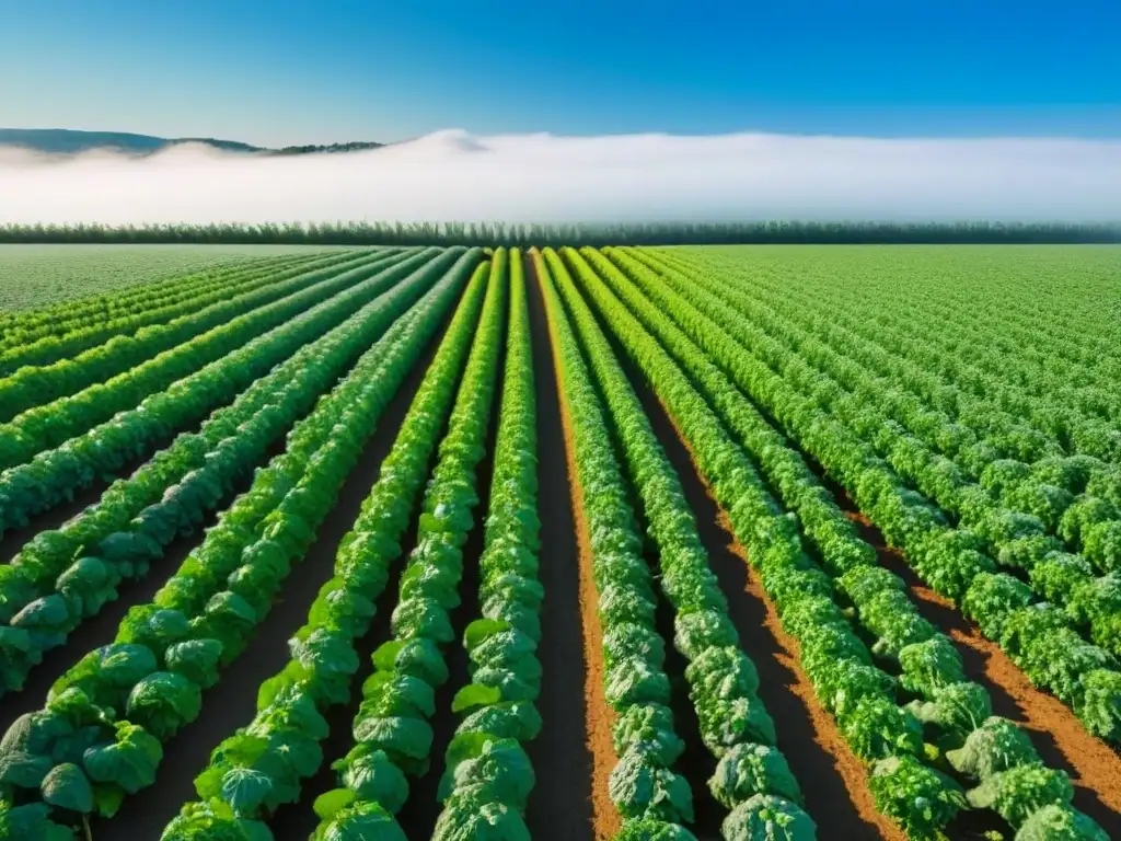 Un campo verde exuberante con frutas y verduras orgánicas en hileras, bajo un cielo azul claro