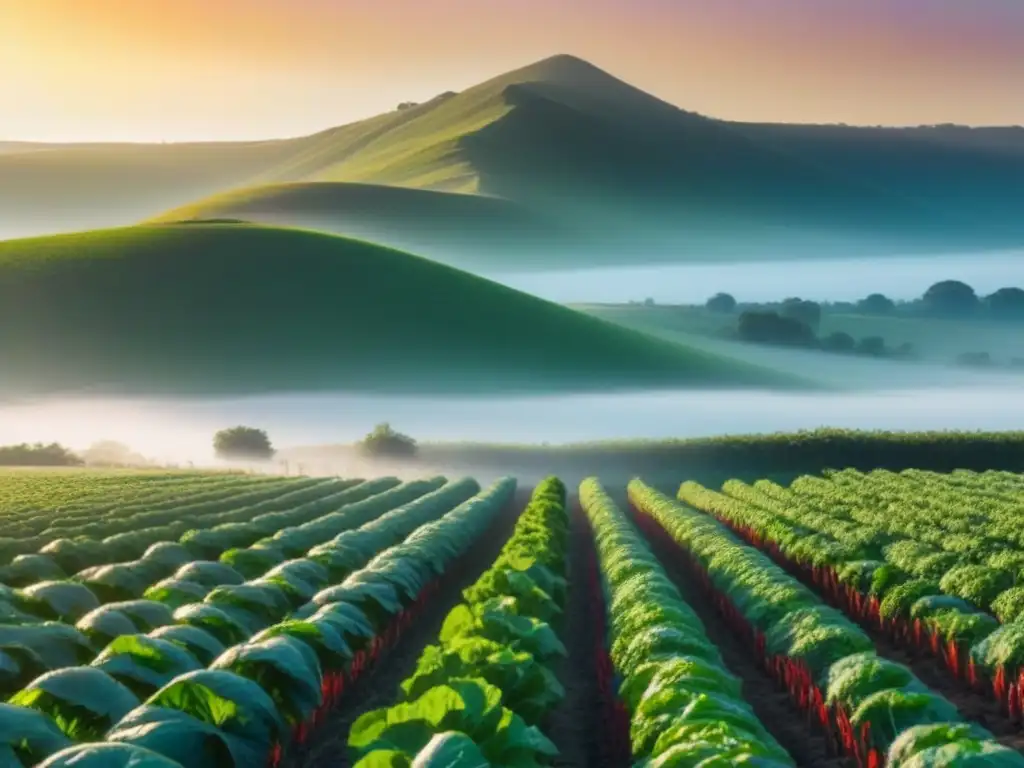 Un campo verde exuberante con frutas y verduras coloridas, bajo la luz cálida