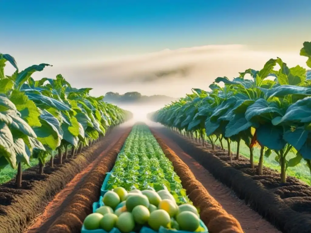 Un campo verde exuberante con frutas y verduras coloridas, iluminado por el sol