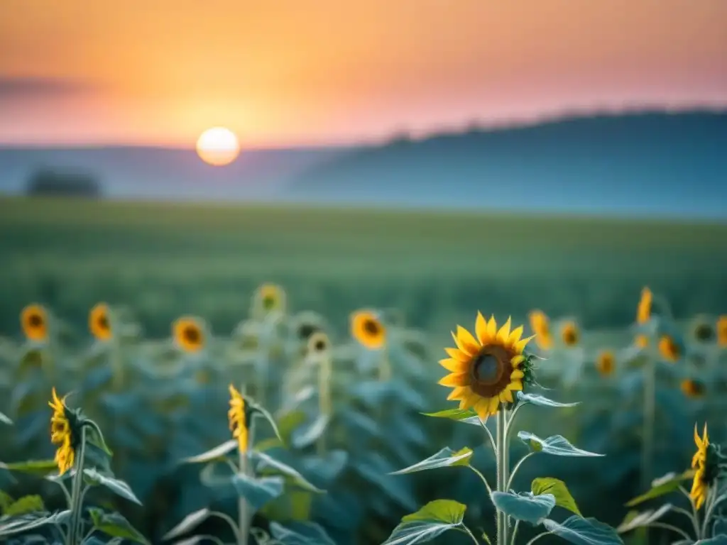 Un campo verde exuberante con un girasol iluminado por el sol poniente