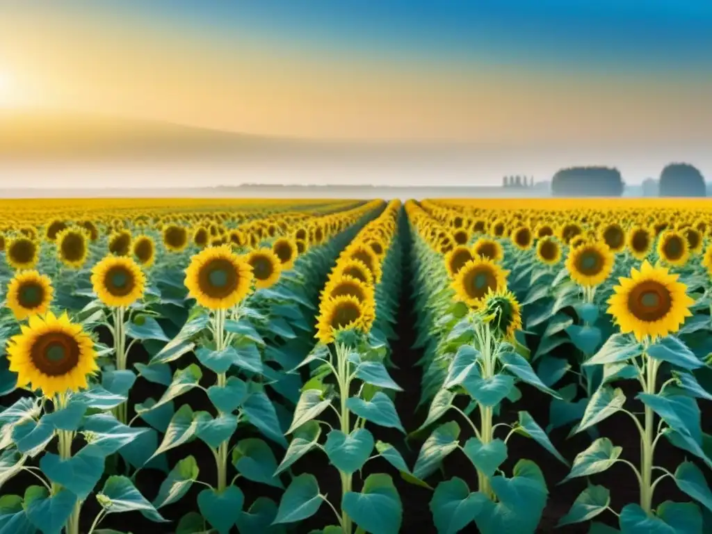 Un campo verde exuberante con girasoles vibrantes bajo un cielo azul, simbolizando biocombustibles tercera generación sostenibles