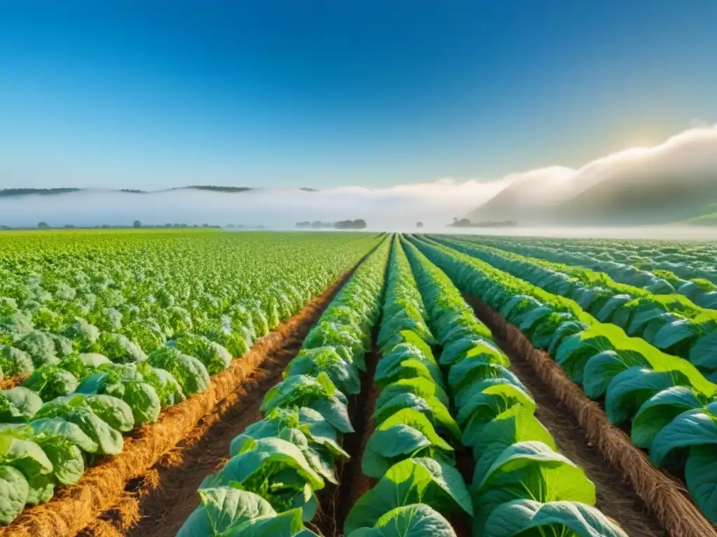 Un campo verde exuberante con hortalizas y frutas vibrantes bajo el sol brillante