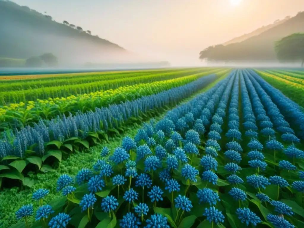 Un campo verde exuberante con plantas para colorantes ecológicos en la producción textil
