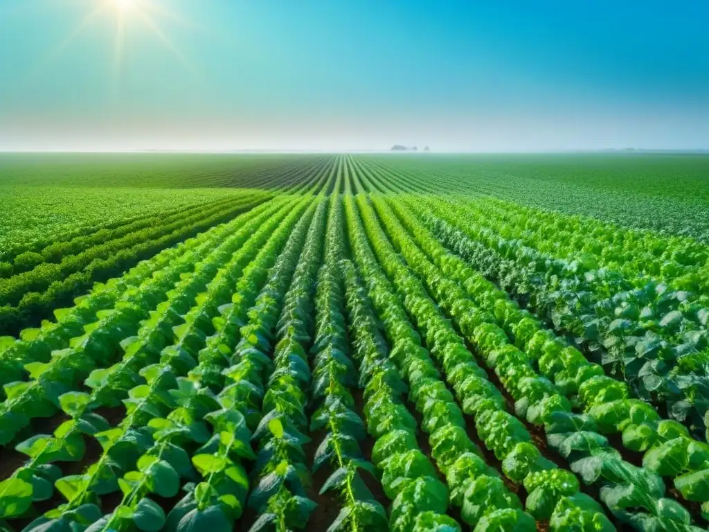 Un campo verde exuberante con plantas de legumbres vibrantes, bajo un cielo azul claro