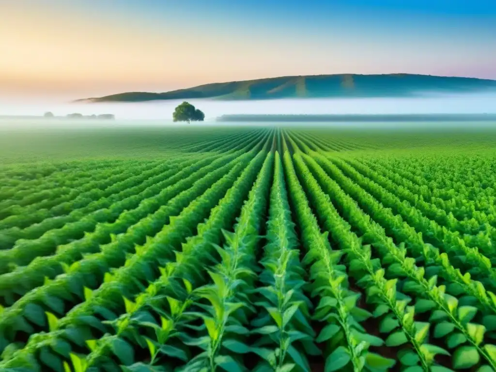 Un campo verde exuberante con diversas proteínas alternativas sostenibles estilo vida creciendo bajo un cielo azul claro