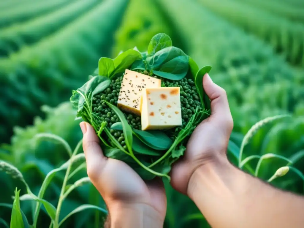 Un campo verde exuberante con proteínas vegetales eco-friendly sostenibles como frijoles, lentejas, quinoa y tofu, mostrando su belleza y abundancia