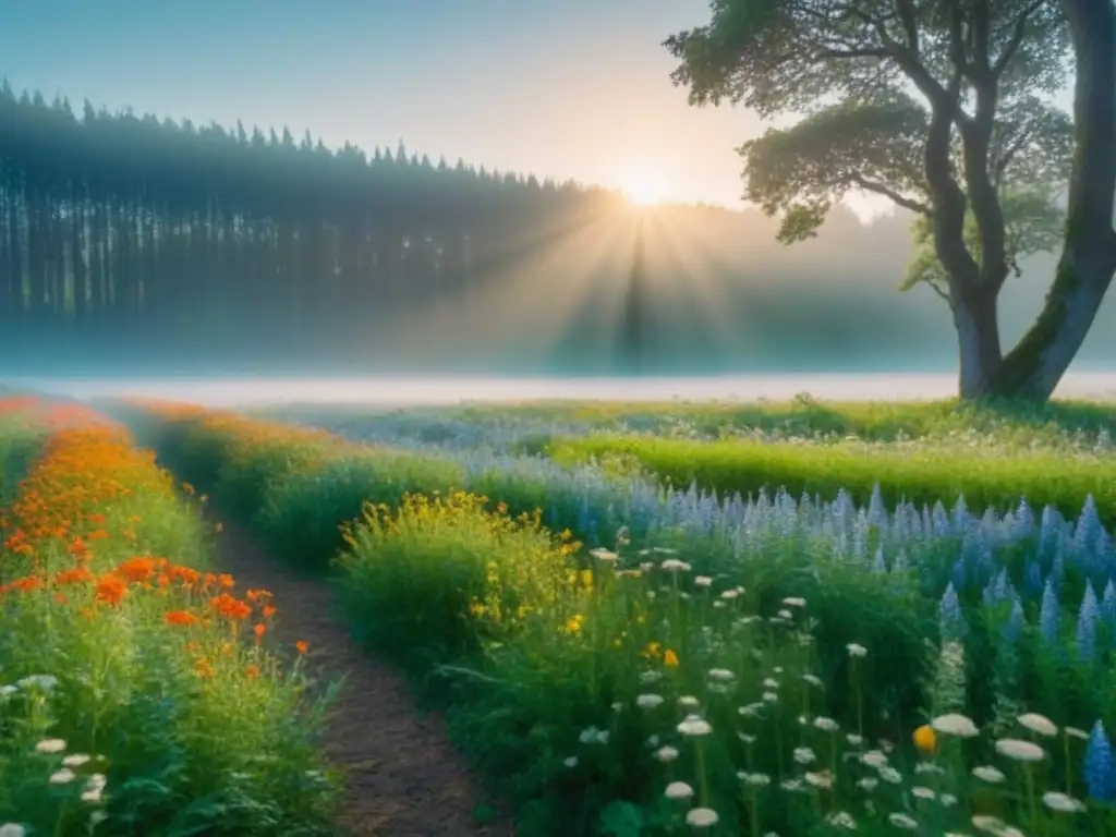 Un campo verde exuberante salpicado de flores silvestres, bajo un cielo azul claro