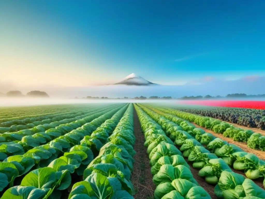 Campo verde con frutas y verduras coloridas, simbolizando la diversidad en una Dieta basada en plantas sostenible